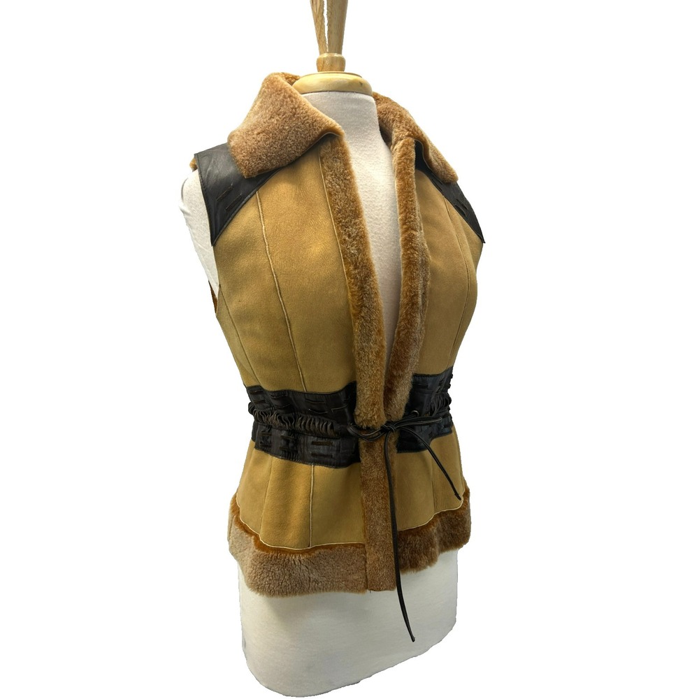 Revue Vest Lambskin Shearling & Leather Browns Tie Corset Waist Fold Collar SZ M
